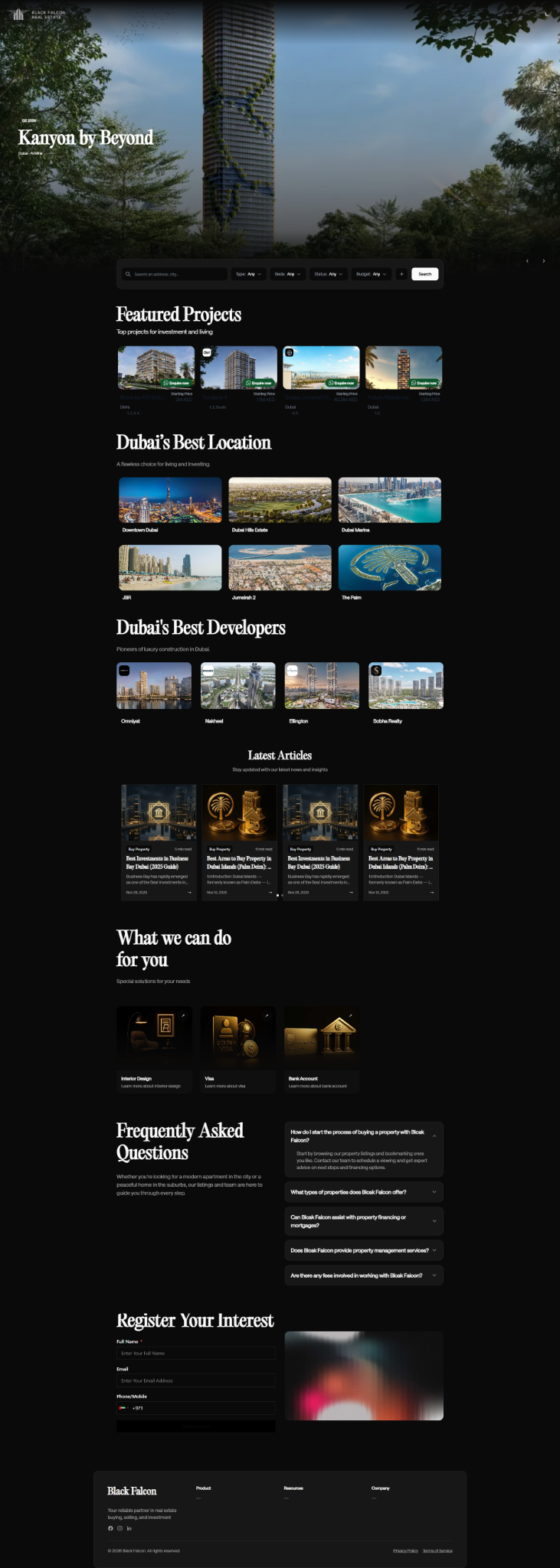 اسکرین‌شات کامل صفحه اصلی دارک Black Falcon Real Estate