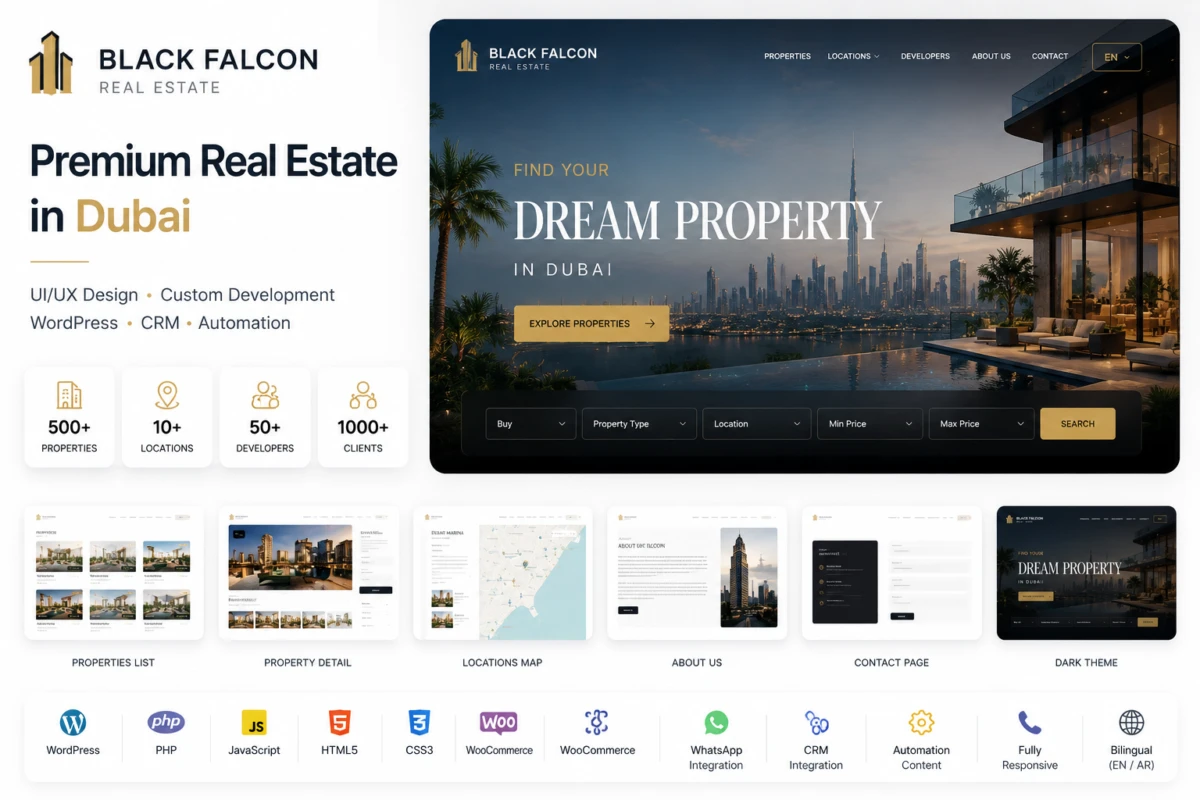 تصویر شاخص کیس استادی طراحی و توسعه وب‌سایت Black Falcon Real Estate در دبی